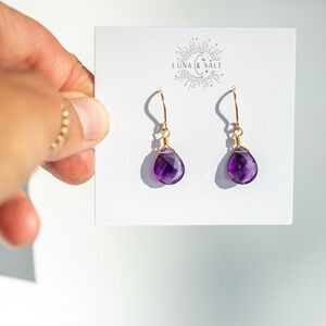 Genuine Amethyst Dangle Earrings 18K Gold Huggies Waterproof & Hypoallergenic